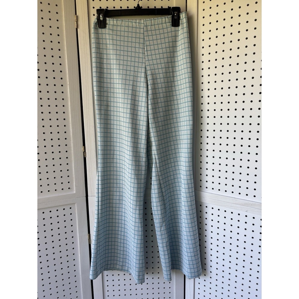 Unbranded 70's Style Polyester Pants Checkered Blue White Granny Flare Leg XS/SM